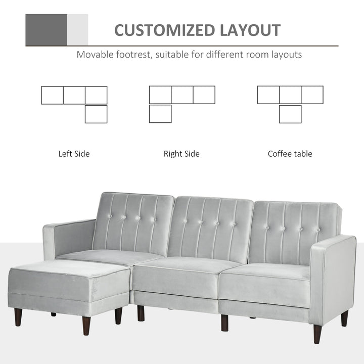 L Shape Sofa Bed Set with 3-Seater Sofa and Footstool, Corner Sofa Bed with Ottoman, Light Grey