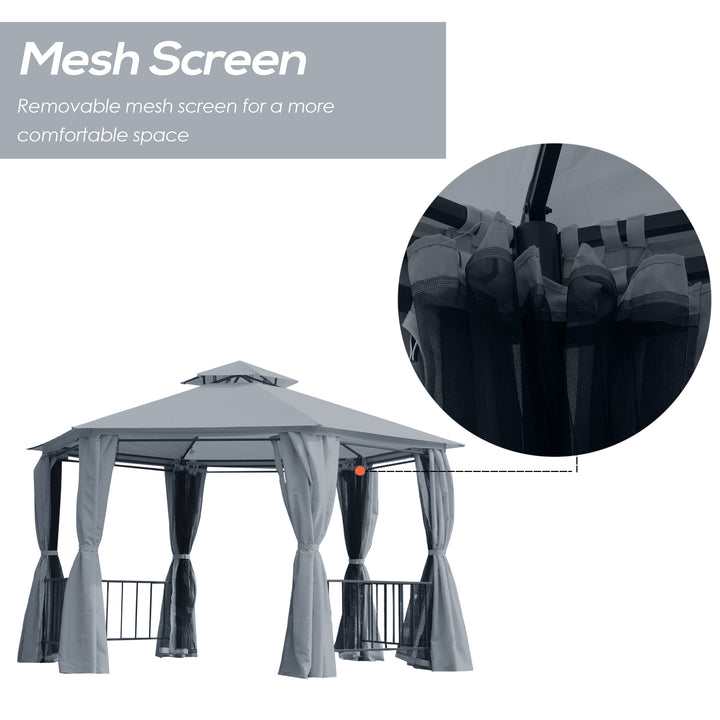 Outsunny Hexagon Gazebo Patio Canopy Party Tent Outdoor Garden Shelter w/ 2 Tier Roof & Side Panel - Grey