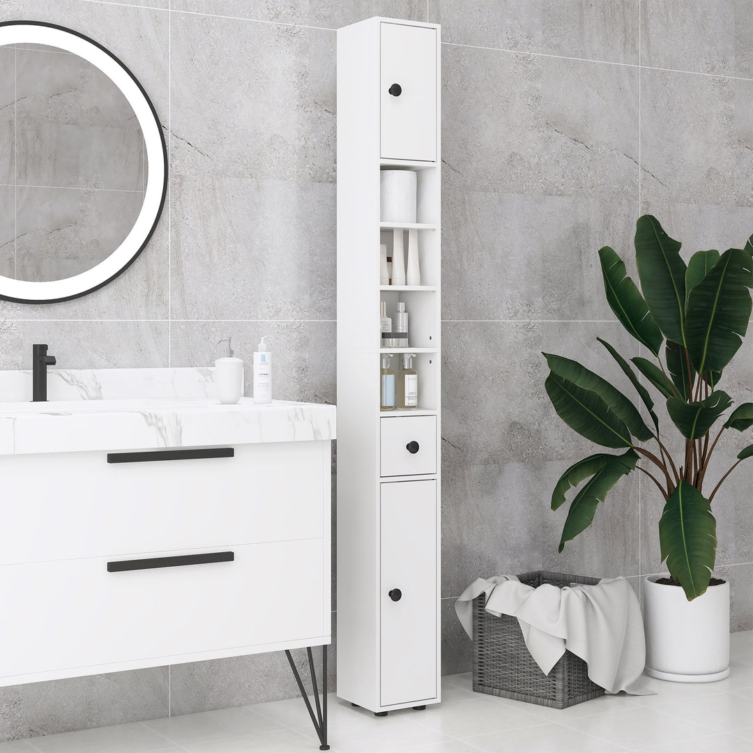 180cm Tall Slim Bathroom Cabinet, Narrow Toilet Roll Storage w/ Open Shelves, 2 Door Cabinets, Adjustable Shelves, for Kitchen, White