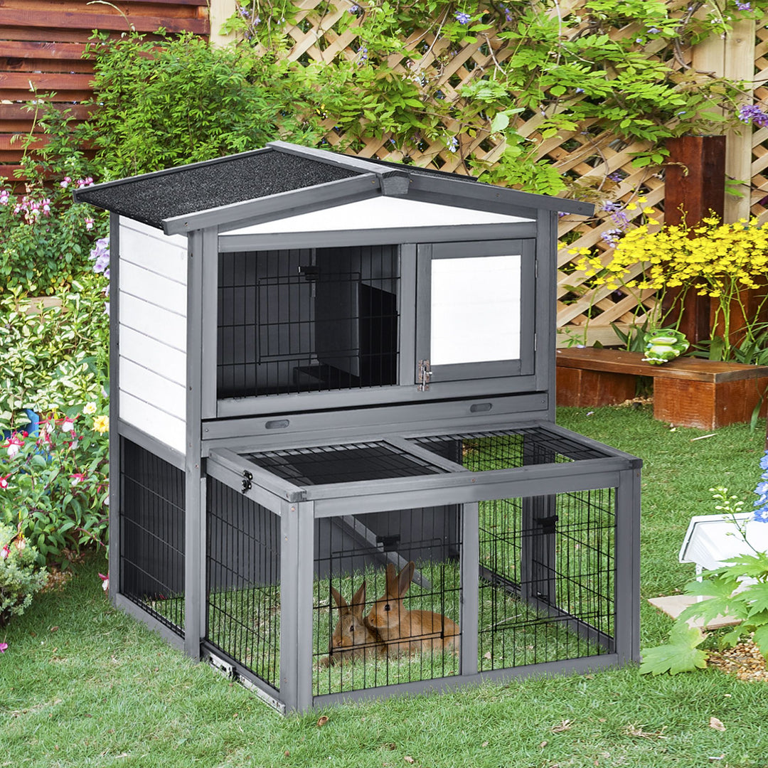 2 Tier Wooden Rabbit Hutch Small Animal Cage Slide Out Tray Ramp Outdoor Run Openable Roof Grey 101.5 x 90 x 100 cm