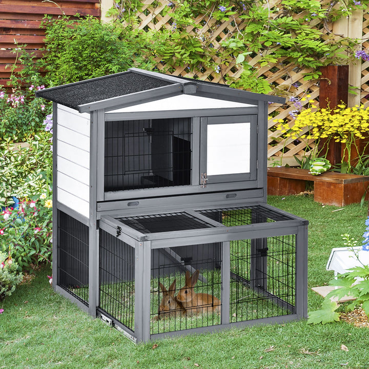2 Tier Wooden Rabbit Hutch Small Animal Cage Slide Out Tray Ramp Outdoor Run Openable Roof Grey 101.5 x 90 x 100 cm