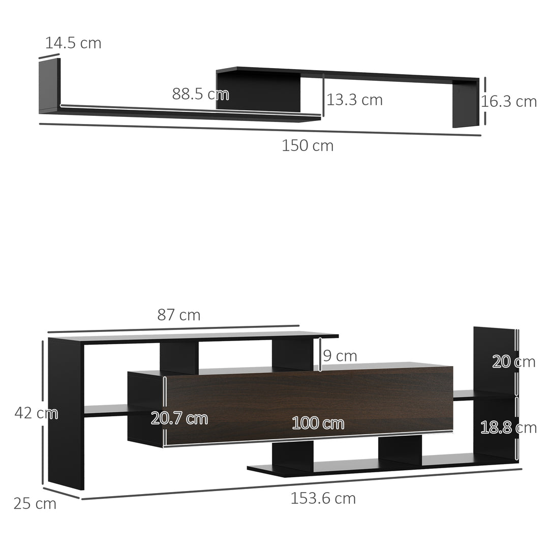 HOMCOM Modern TV Cabinet with Wall Shelf, TV Unit with Storage Shelf and Cabinet, for Wall-Mounted 65" TVs, Living Room Bedroom, Black and Dark Brown