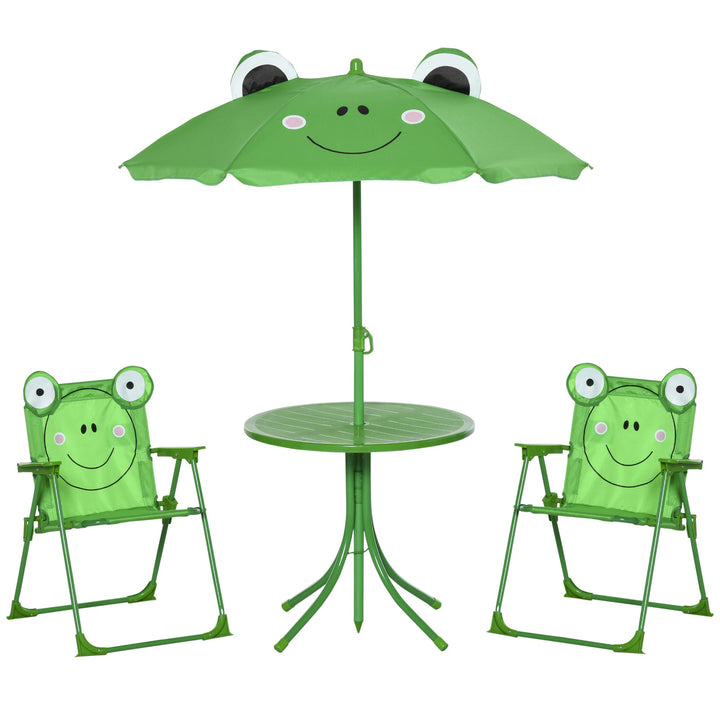 Kids Folding Picnic Table and Chair Set Frog Pattern with Removable & Height Adjustable Sun Umbrella, Green