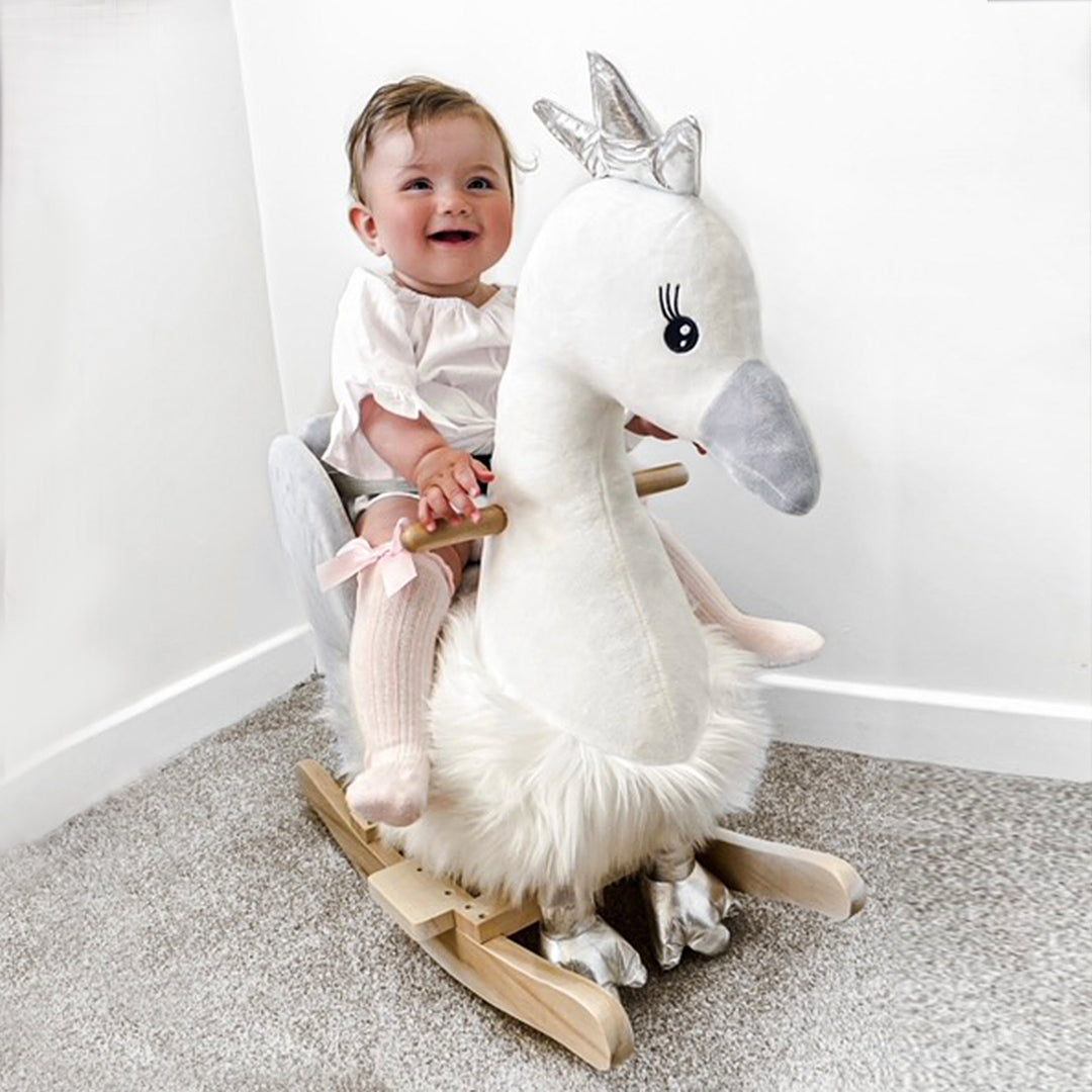 Kids Plush Ride-On Rocking Animal Horse Swan-shaped Toy Rocker with Realistic Sounds for Toddler 18-36 Months