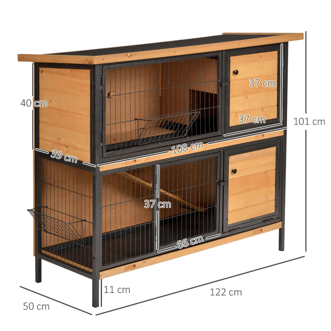 2-Floor Wooden Guinea Pigs Hutches Bunny Cage Metal Frame Pet House with Slide-Out Tray Feeding Trough Ramp Lockable Door Openable Roof