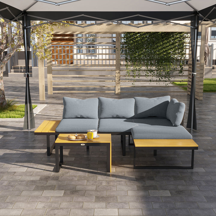 4-Seater Garden Sofa Set Patio Conversation Set w/ Padded Cushions, Wood Grain Plastic Top Table and Side Panel, Dark Grey