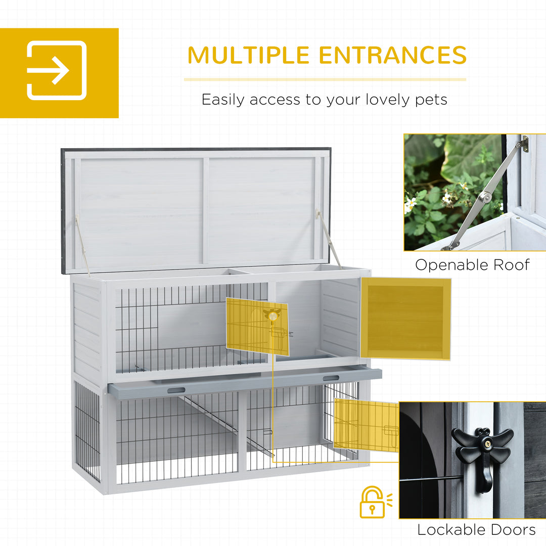 PawHut Small Animal Two-Level Fir Wood Hutch w/ Slide Out Tray Grey