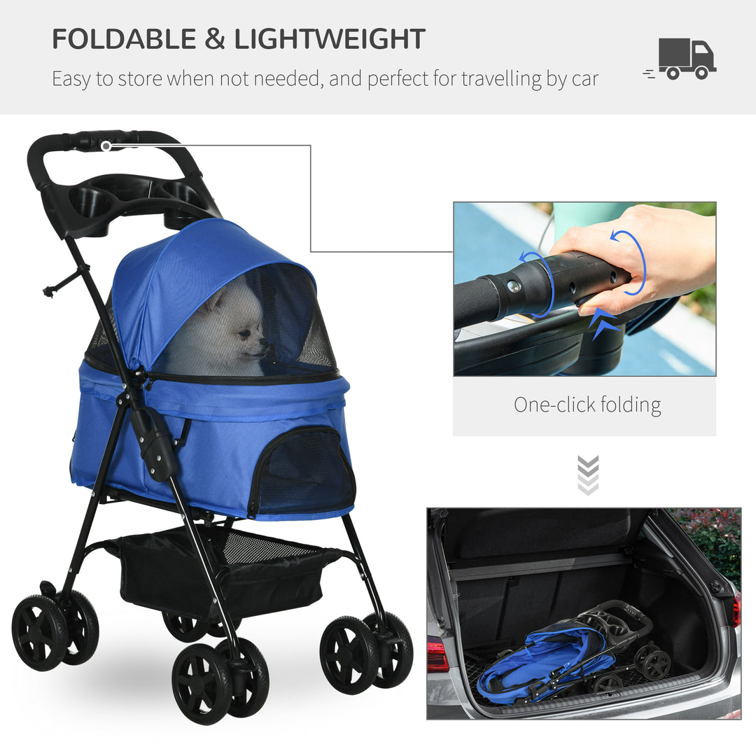 PawHut No-Zip Pet Stroller Dog Cat Travel Pushchair One-Click Fold Trolley Jogger with EVA Wheels Brake Basket Adjustable Canopy Safety Leash Blue