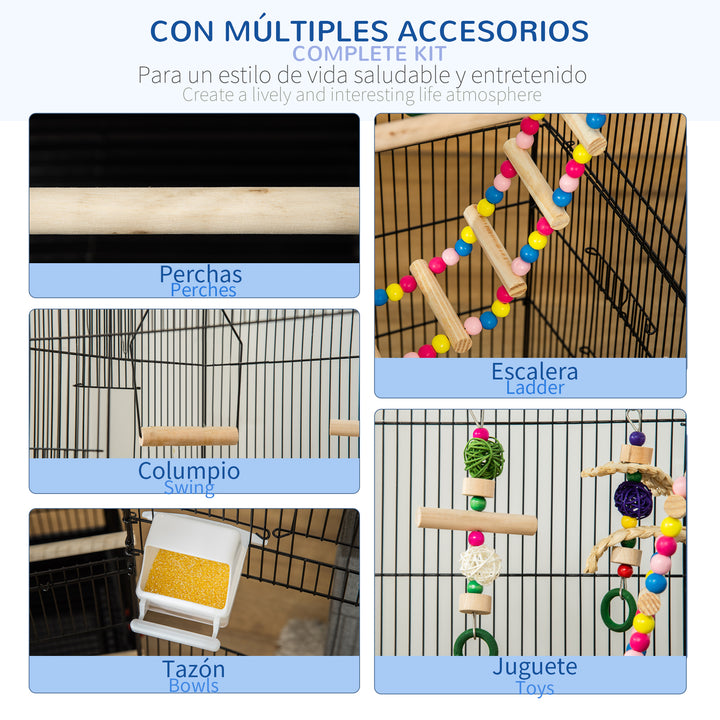 PawHut Bird Cage for Budgies Finches Canaries with Accessories, Toys, Tray, Handle, 46 x 36 x 100 cm, Black