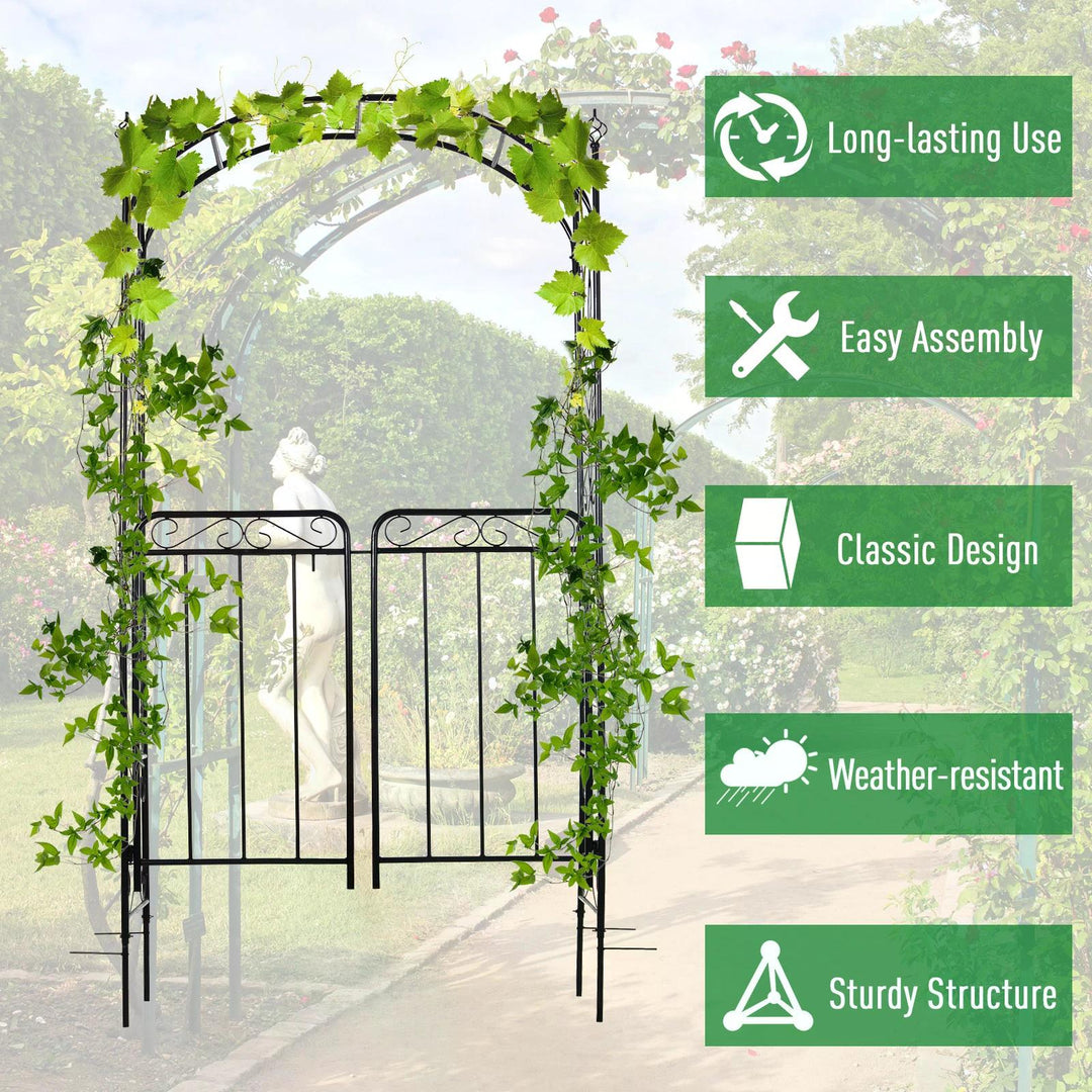 Garden Decorative Metal Arch with Gate Outdoor Patio Trellis Arbor for Climbing Plant Archway Antique Black - 108L x 45W x 215Hcm