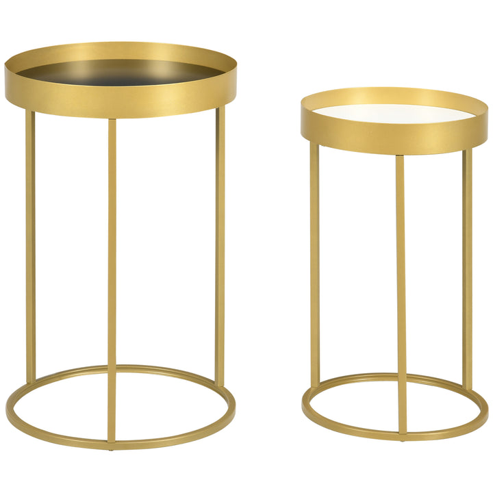 Set of 2 Nesting Coffee Tables with Gold Metal Base, Nest of Tables with Embedded Tabletop in Marble Color, Living Room, Bedroom