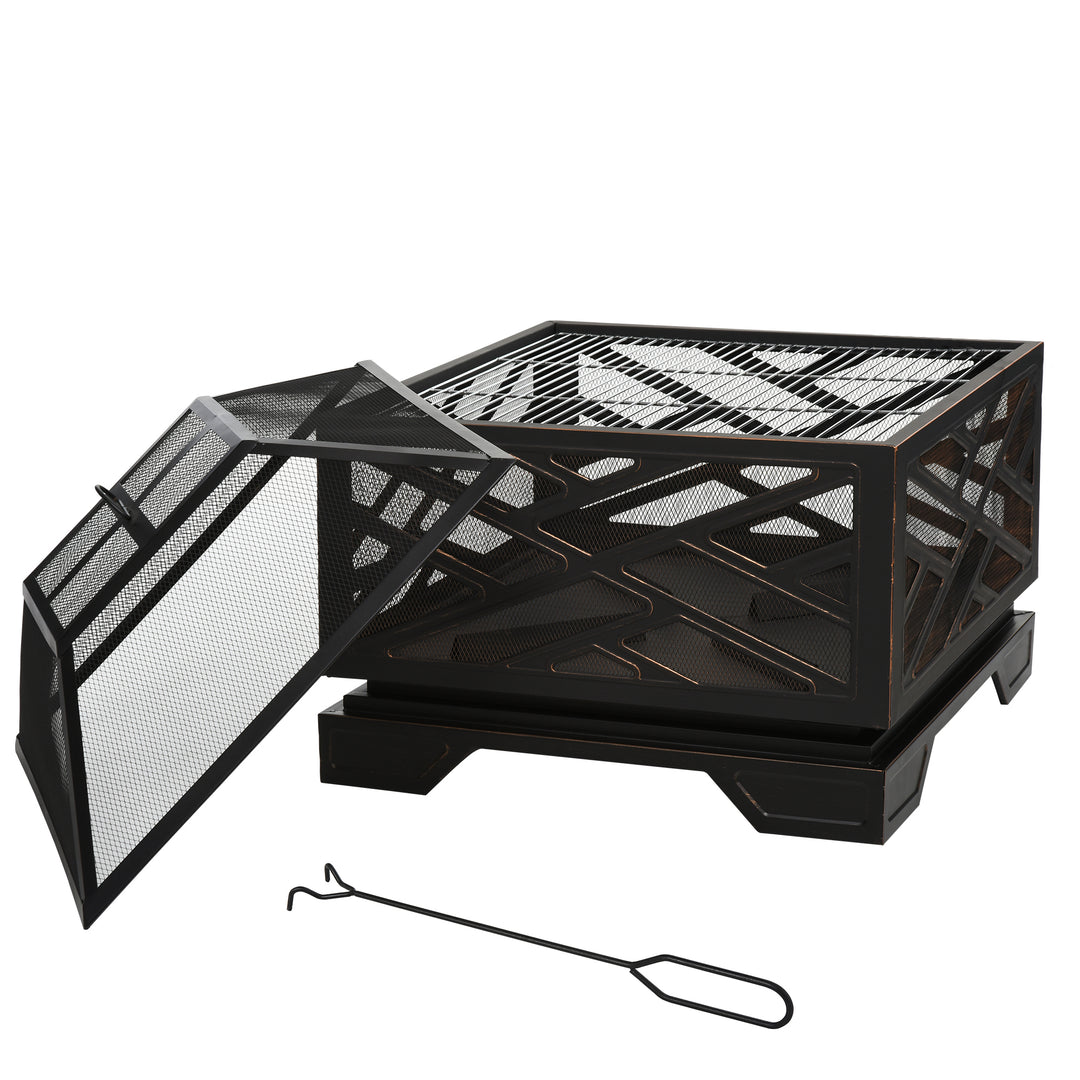 Outsunny 66cm 2 in 1 Square Fire Pit Metal Brazier for Garden, Patio with BBQ Grill Shelf &amp; Spark Screen Cover &amp; Poker, Black