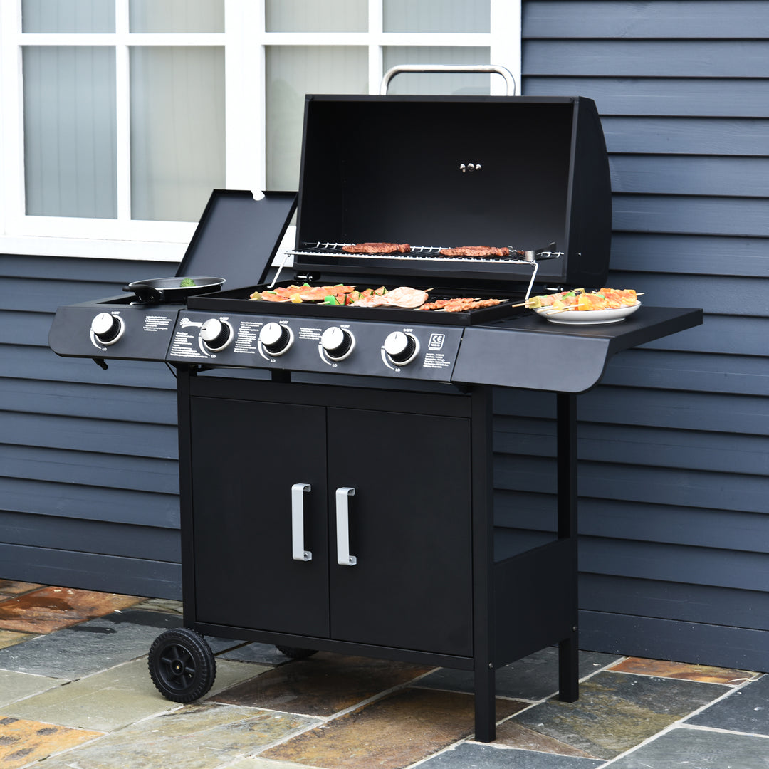 4+1 Gas Burner Grill BBQ Trolley Backyard Garden Smoker Side Burner Barbecue w/ Storage Side Table Wheels