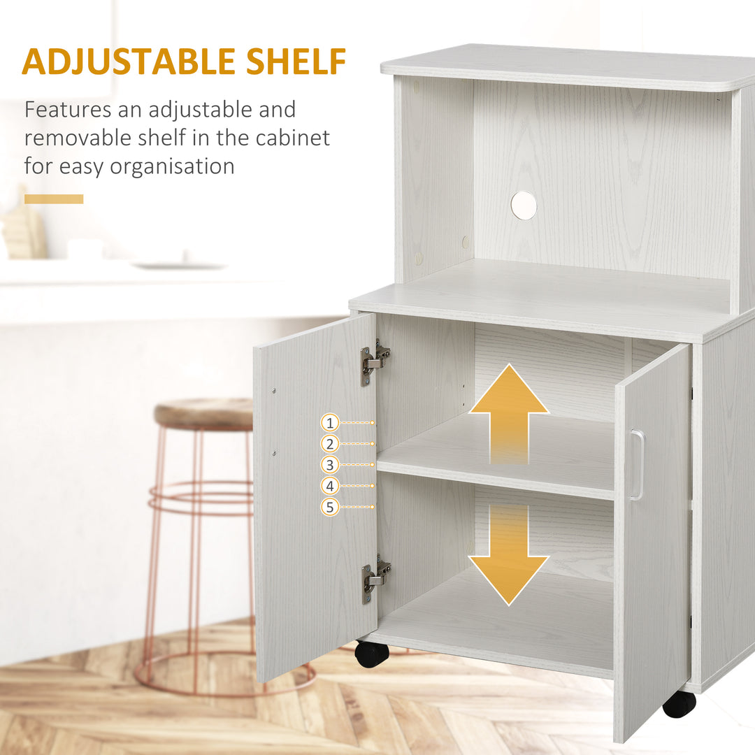 Microwave Cart on Wheels Utility Trolley Storage Sideboard Bookcase with 2-door Cabinet, 97H x 60.4W x 40.3Dcm, White