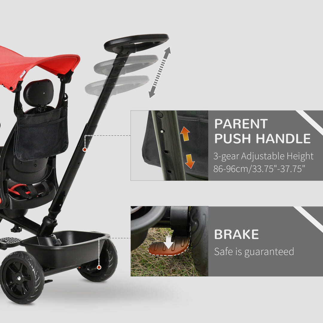 4 in 1 Baby Tricycle Toddler Stroller Foldable Pedal Tricycle w/ Reversible Angle Adjustable Seat Removable Handle Canopy Handrail Belt-Red