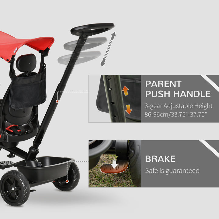 4 in 1 Baby Tricycle Toddler Stroller Foldable Pedal Tricycle w/ Reversible Angle Adjustable Seat Removable Handle Canopy Handrail Belt-Red
