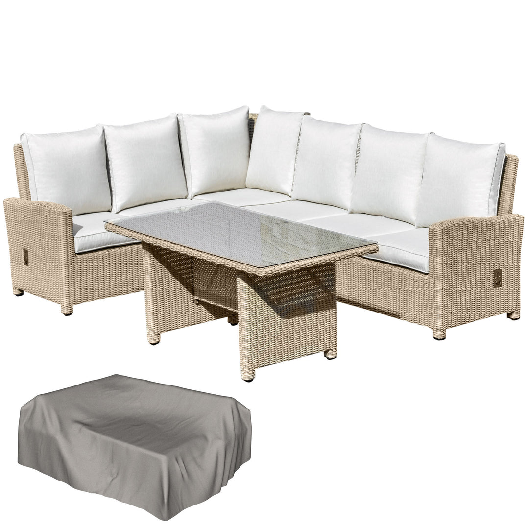 6-Seater Reclining PE Rattan Garden Dining Set Patio Furniture w/Sofa Chairs Glass Table Cushions Adjustable Feet Stylish Lounge Conversation