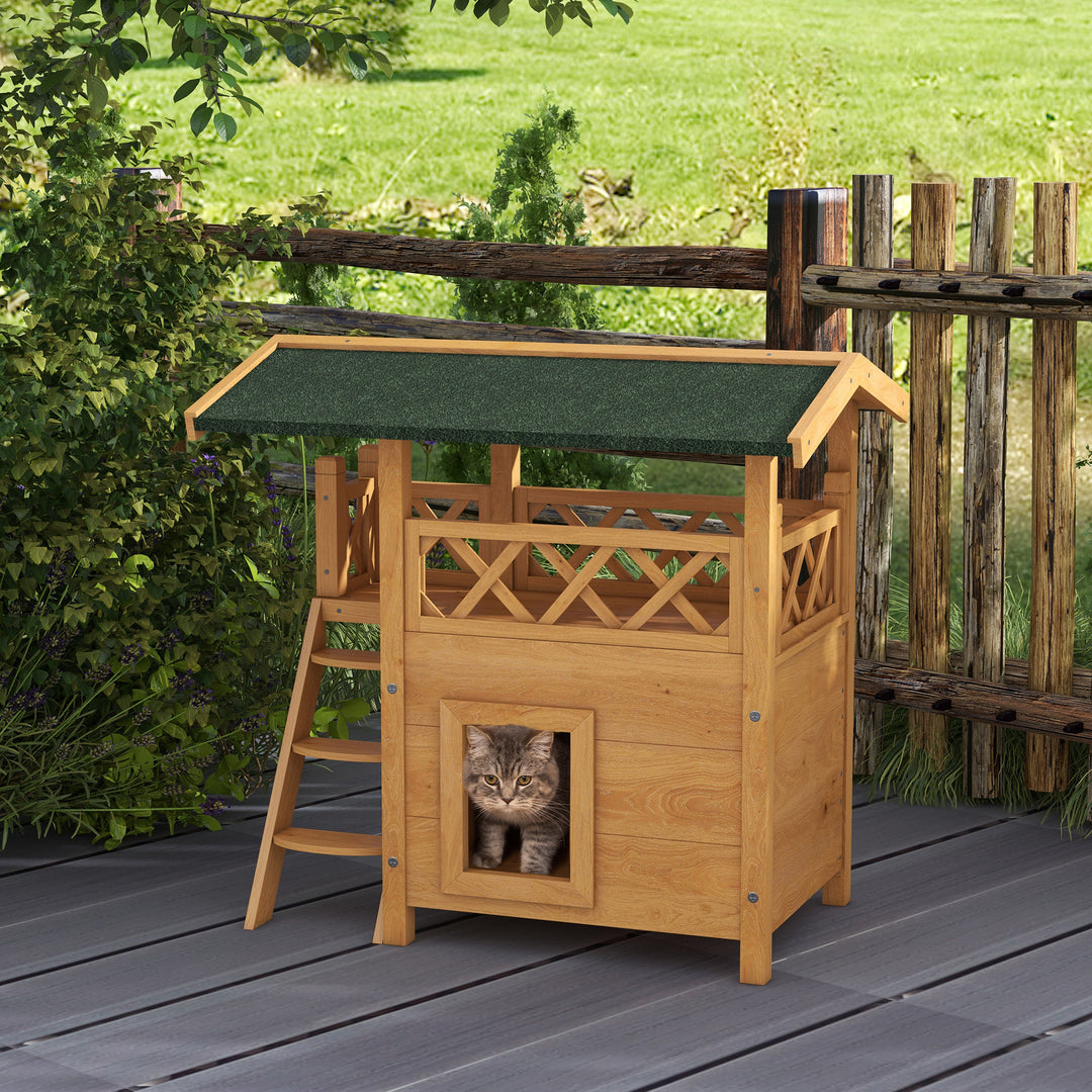 Cat House Outdoor w/ Balcony Stairs Roof, 77 x 50 x 73 cm, Natural