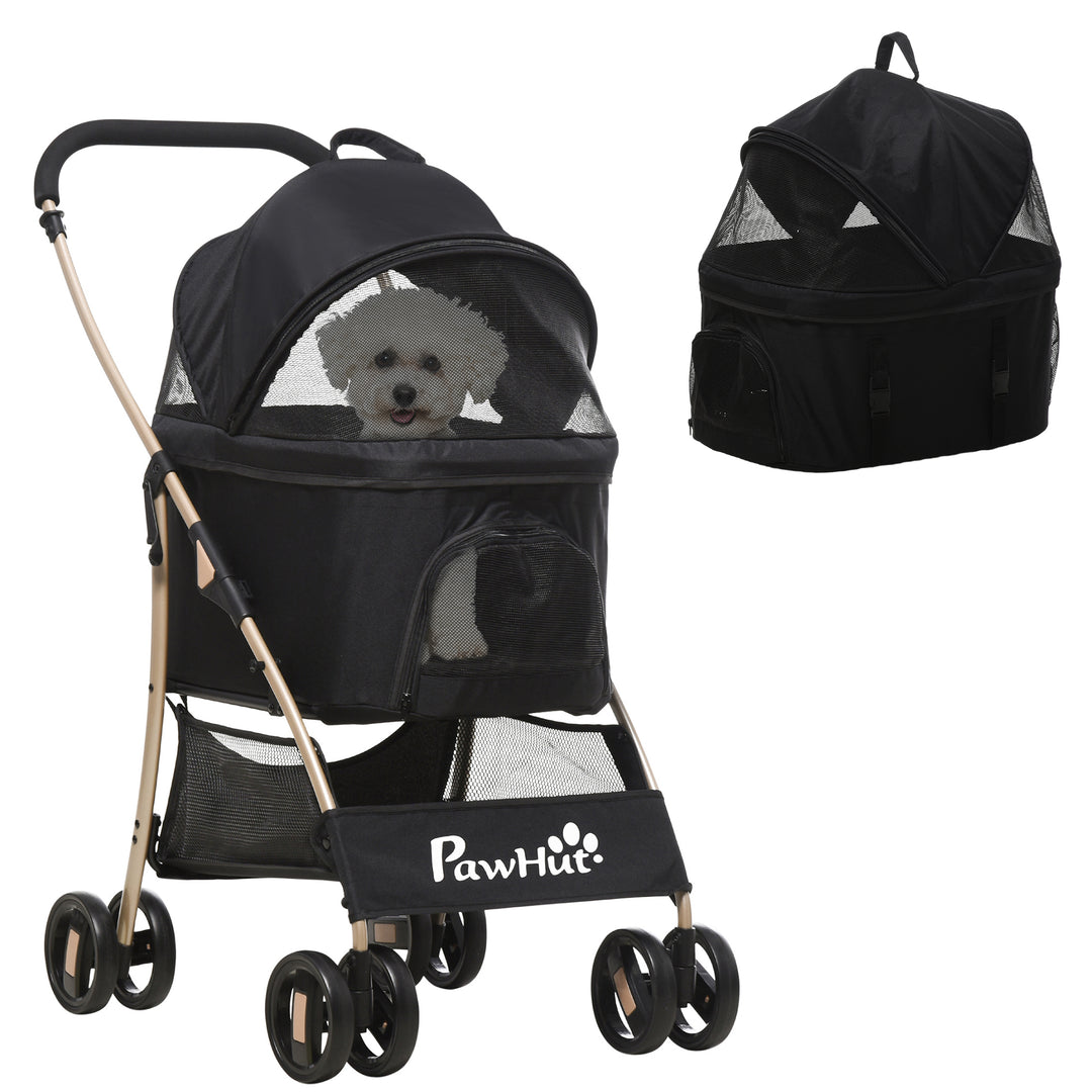 PawHut Detachable Pet Stroller, 3-In-1 Dog Cat Travel Carriage, Foldable Carrying Bag with Universal Wheel Brake Canopy Basket Storage Bag, Black