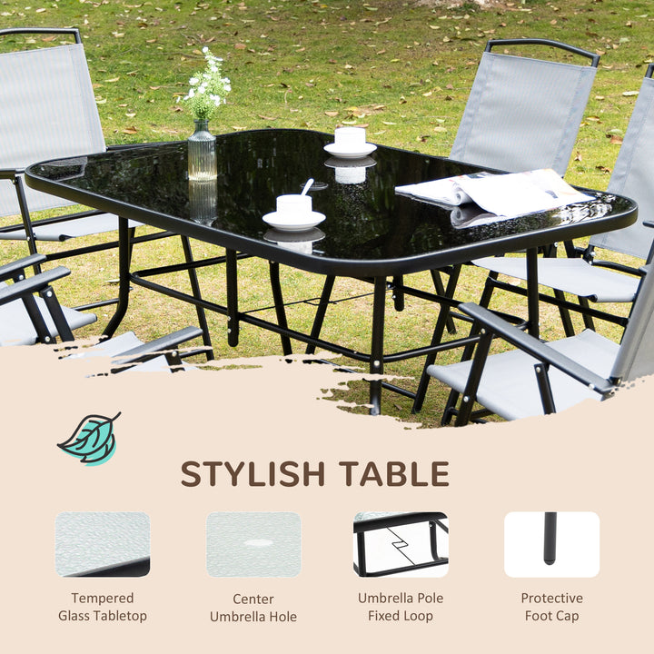 7 Piece Garden Furniture Set with Glass Dining Table and Folding Chairs, 6 Seater Outdoor Patio Furniture for Deck and Balcony, Black