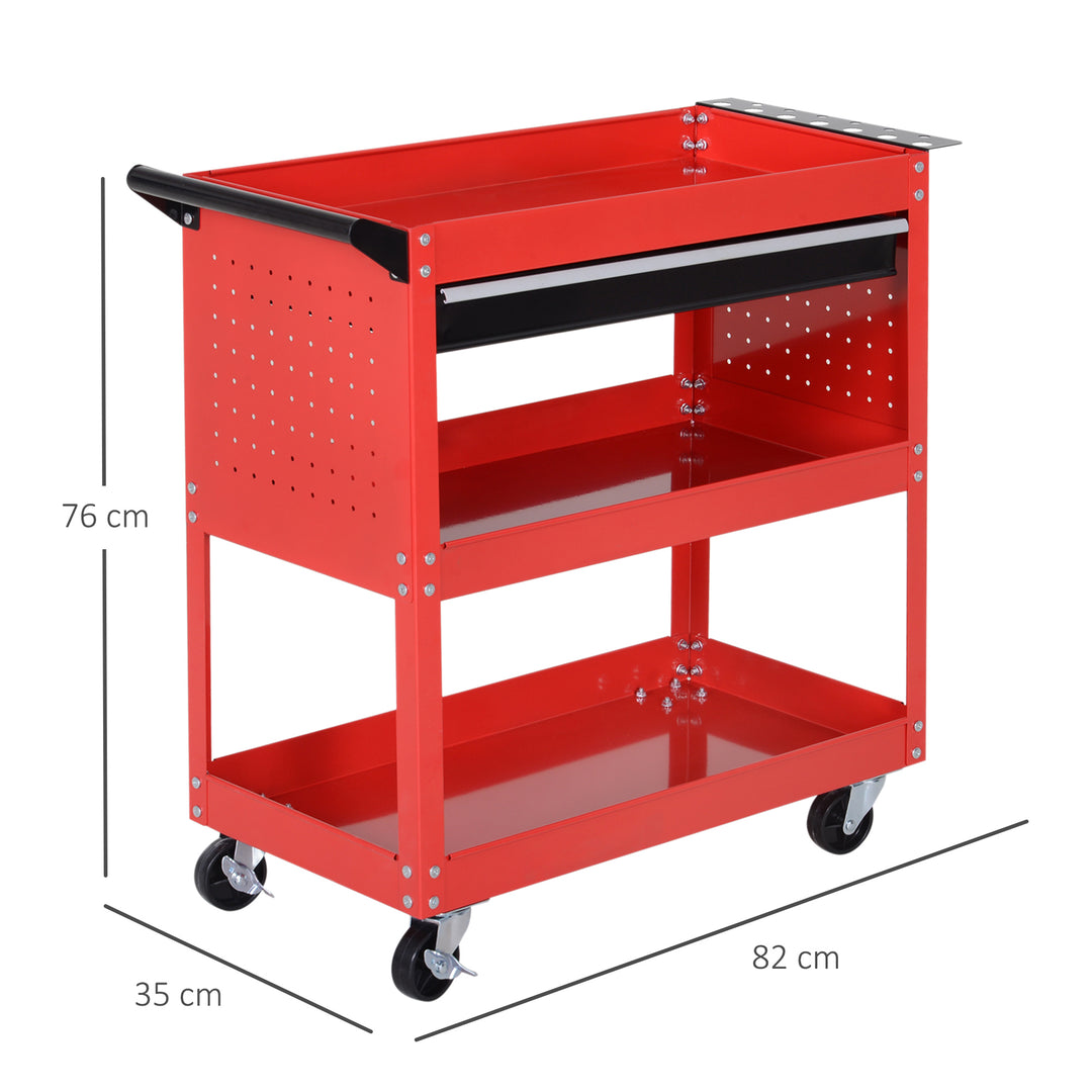 DURHAND 3-Tier Tool Trolley Cart Storage Shelf Roller Cabinet DIY Box Garage Workshop with Drawer Red