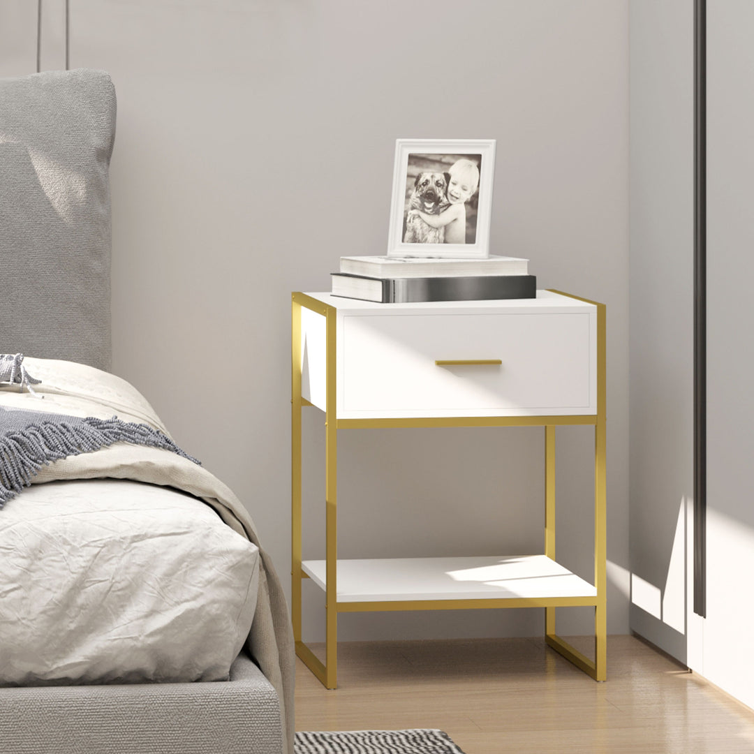 Modern Bedside Table, Bedside Cabinet with Drawer Shelf, Storage Organizer for Bedroom, Living Room, White and Gold