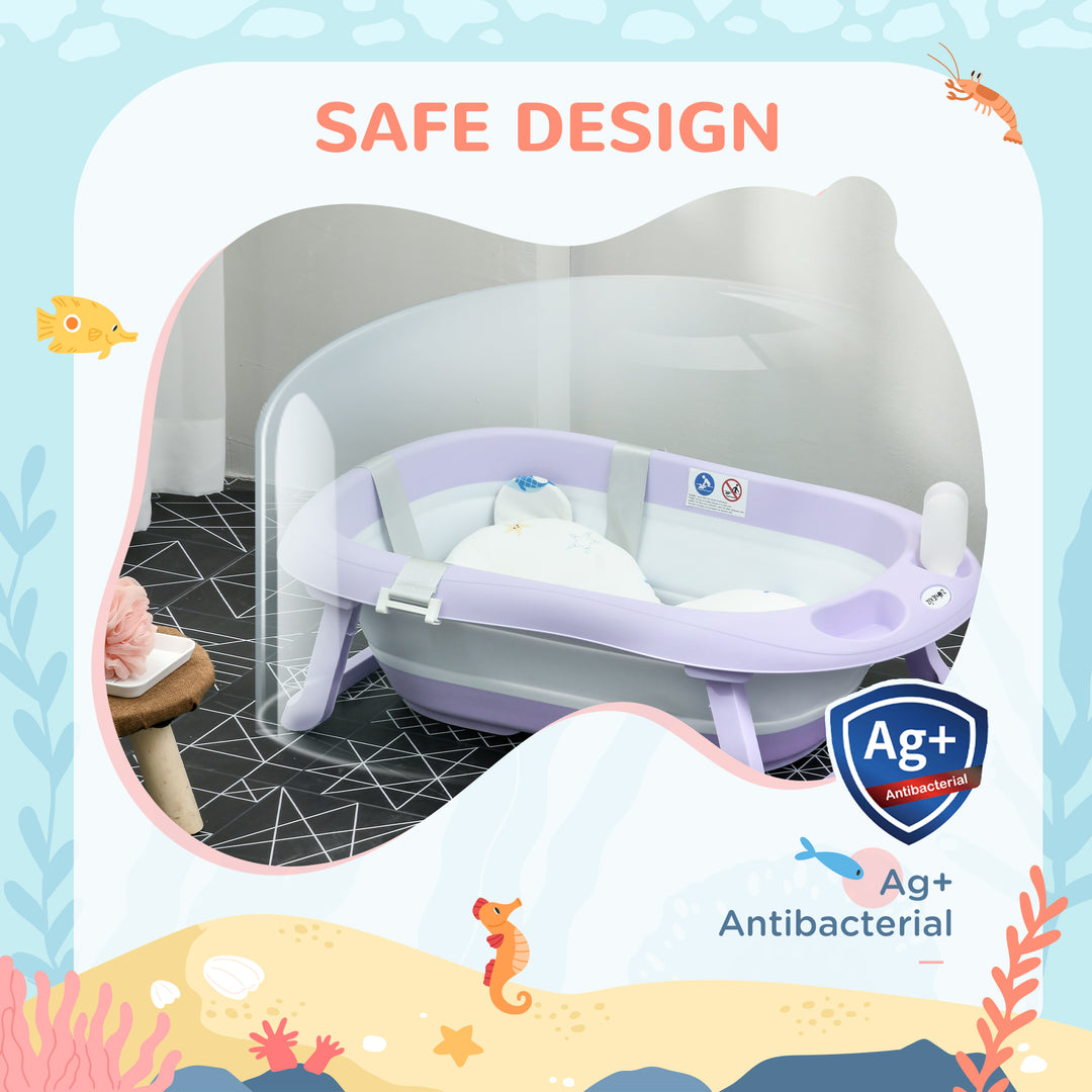 Foldable Baby Bath Tub, Bath Tub with Non-Slip Support, Cushion Pad, Drain Plugs, Shower Head Holder, for Newborn to 6 Years - Purple
