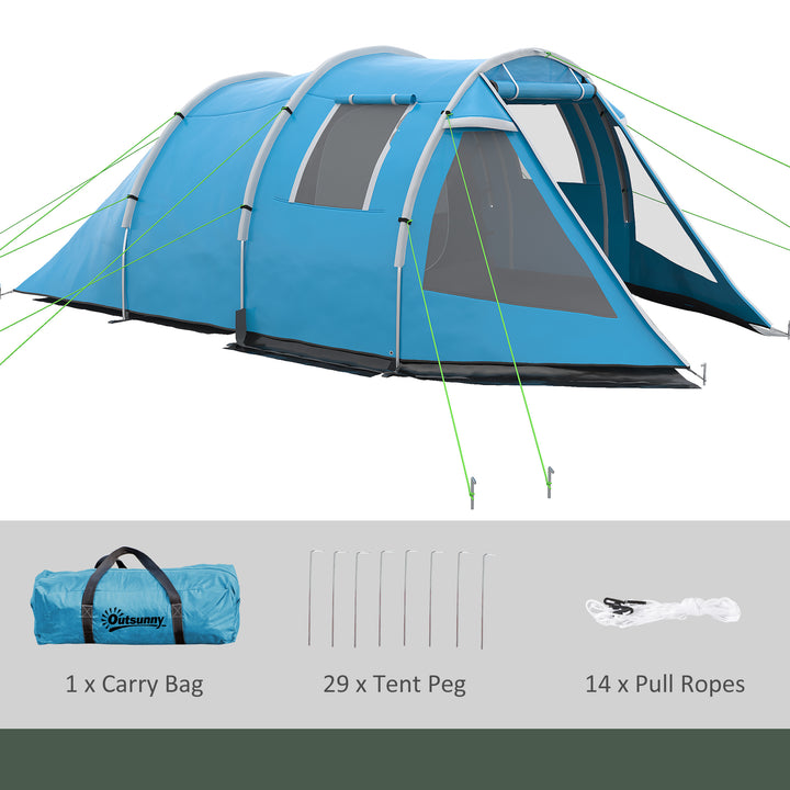 3-4 Man Tunnel Tent, Two Room Camping Tent with Windows and Covers, Portable Carry Bag, for Fishing, Hiking, Sports, Festival - Blue