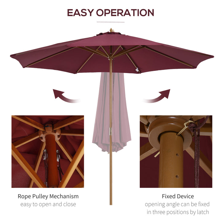 Outsunny ⌀3m Bamboo Wooden Market Patio Umbrella Garden Parasol Outdoor Sunshade Canopy, 8-ribs,Wine Red