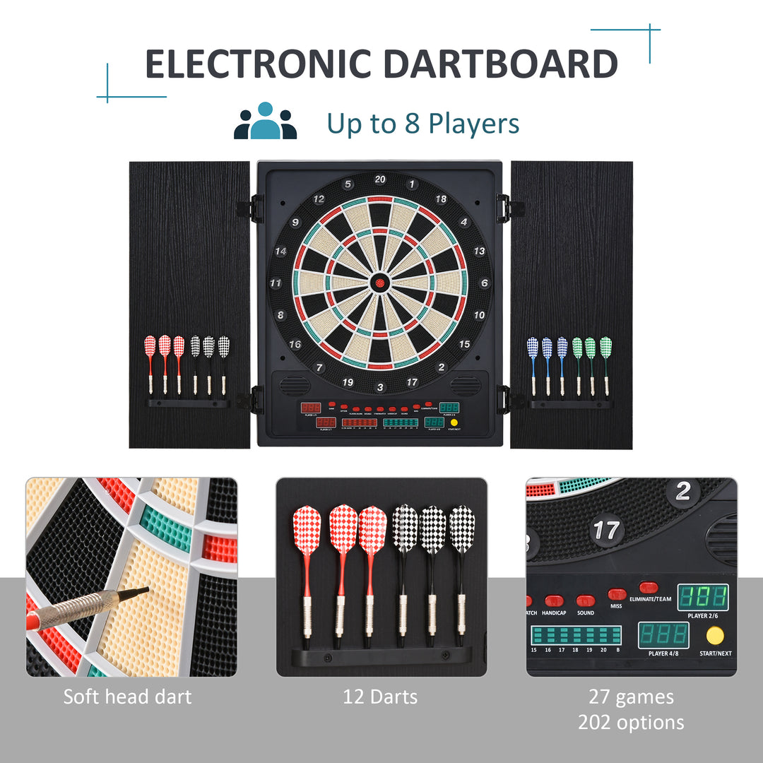 Electronic Dartboard In Case LED Scoreboard w/ 12 Darts 30 Heads Side Storage Cabinet Black White