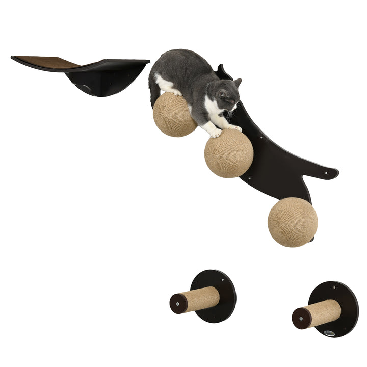 Wall Mounted Cat Shelves with Three Scratching Balls-Tawny Brown