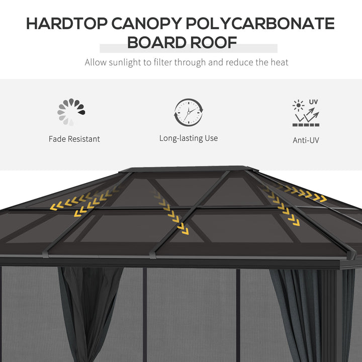 Outsunny 3.6 x 3(m) Hardtop Gazebo with UV Resistant Polycarbonate Roof & Aluminium Frame, Garden Pavilion with Mosquito Netting and Curtains