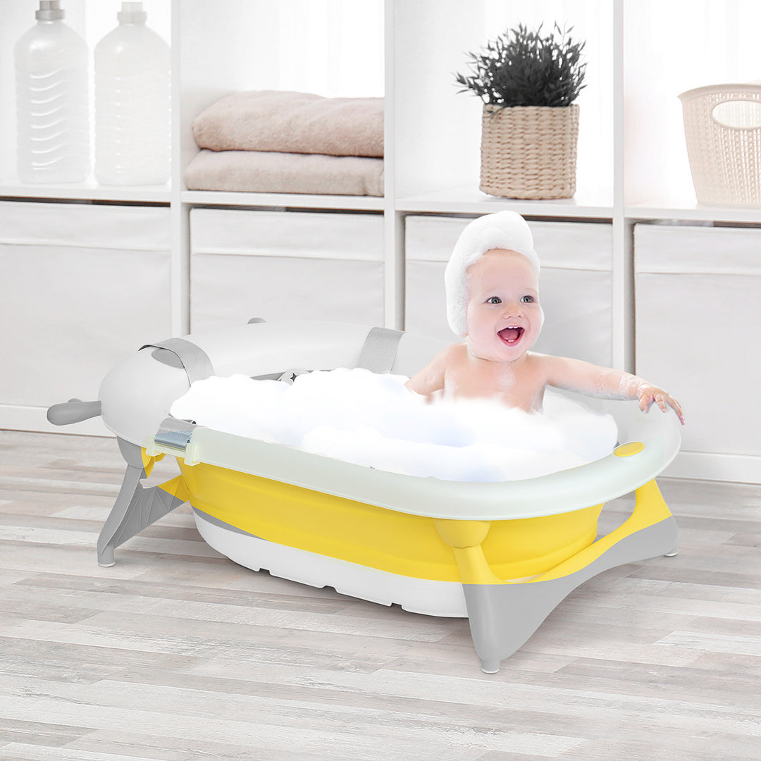 Collapsible Baby Bath Tub Foldable Ergonomic w/ Cushion Temperature Sensitive Water Plug Non-Slip Support Leg Portable for 0-3 Years, Yellow