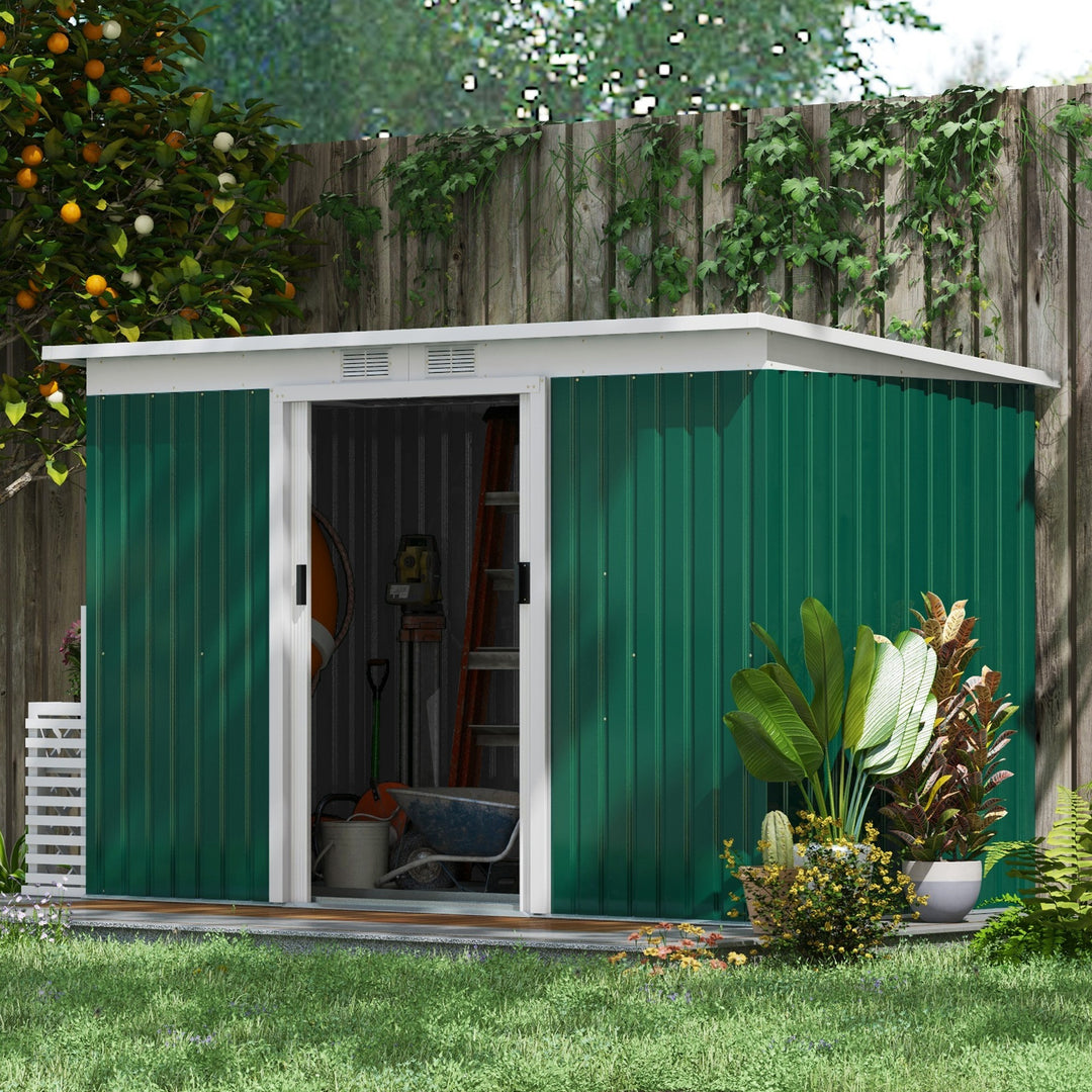 Outsunny 9ft x 4.25ft Corrugated Garden Metal Storage Shed Outdoor Equipment Tool Box with Foundation Ventilation & Doors Deep Green