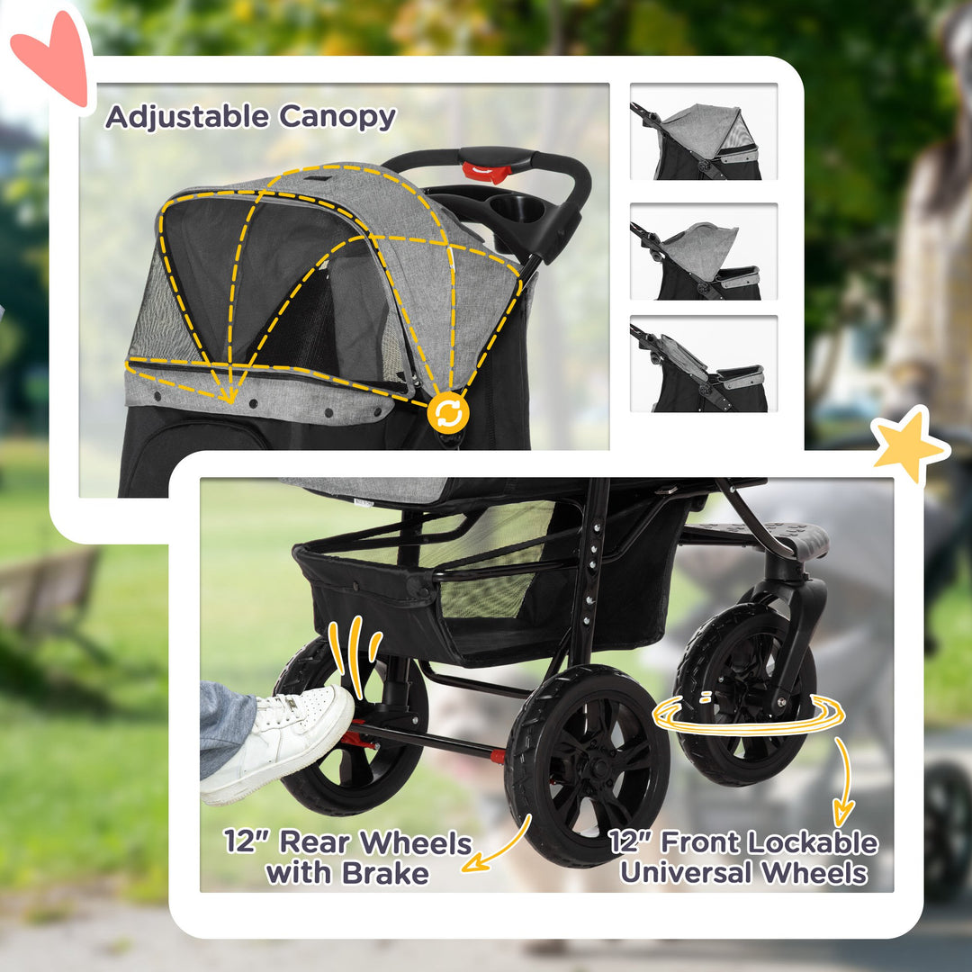 PawHut Dog Pushchair Folding Pet Stroller 3 Wheel Dog Jogger Travel Carrier Adjustable Canopy Storage Brake Mesh Window Grey