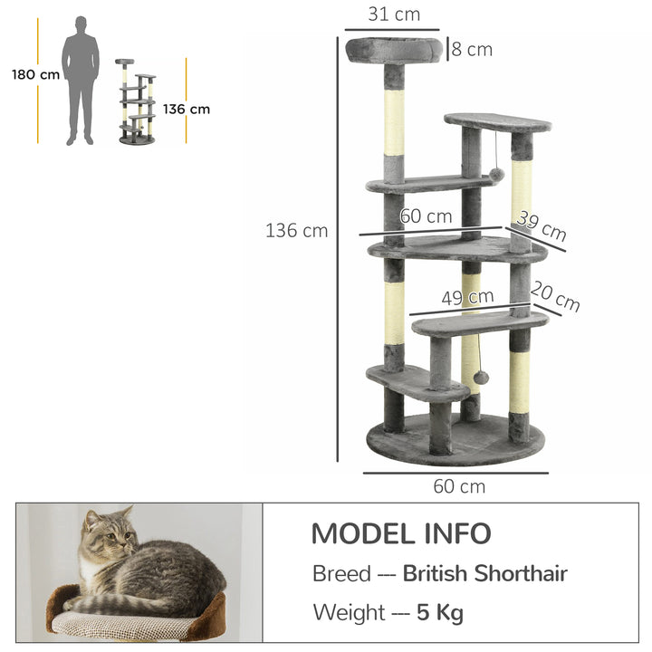 136cm Cat Tree for Indoor Cats, Modern Cat Tower with Scratching Posts, Bed, Toy Ball - Grey