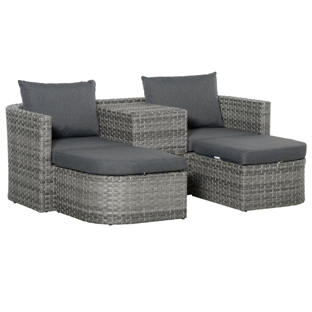 Outsunny 5-Seater Outdoor PE Rattan Sofa Set, Patio Wicker Conversation Double Chaise Lounge Furniture Set w/ Side Table, Large Daybed, Mixed Grey