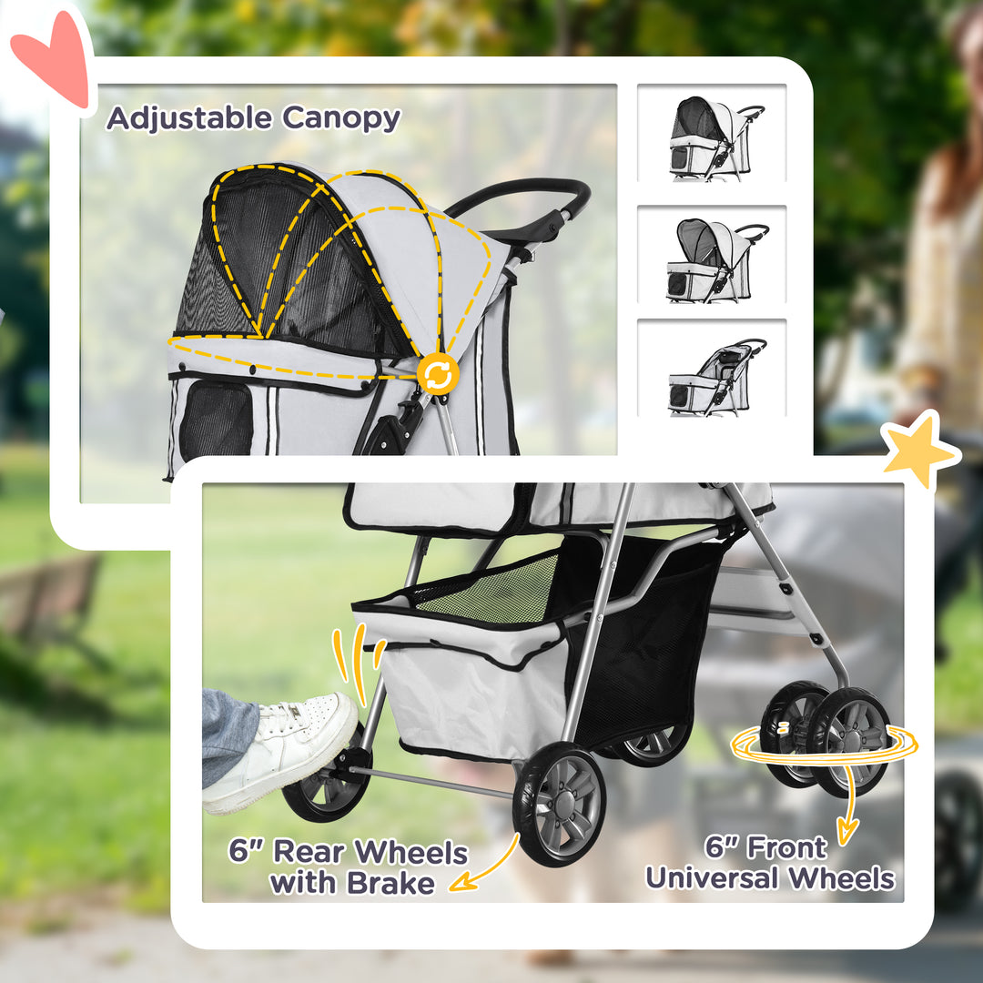 PawHut Dog Pram Pet Stroller Dog Pushchair Foldable Travel Carriage with Wheels Zipper Entry Cup Holder Storage Basket Grey