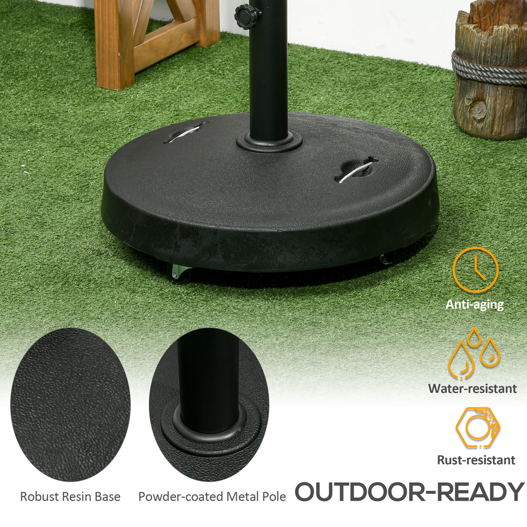 Resin Garden Parasol Base with Wheels and Retractable Handles, Round Outdoor Market Umbrella Stand Weight for Poles of Φ38 - Φ48mm, Black