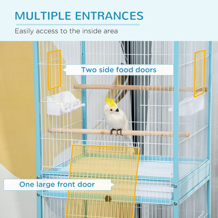 2 In 1 Large Bird Cage Aviary for Finch Canaries, Budgies with Wheels, Slide-out Trays, Wood Perch, Food Containers, Light Blue