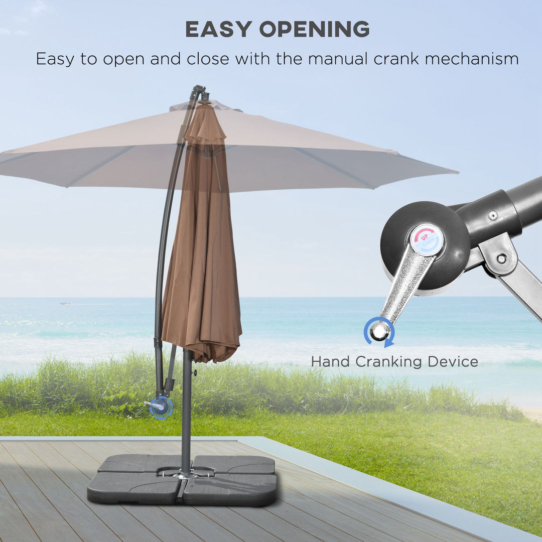 3(m) Garden Banana Parasol Cantilever Umbrella with Crank Handle, Cross Base, Weights and Cover for Outdoor, Hanging Sun Shade, Coffee