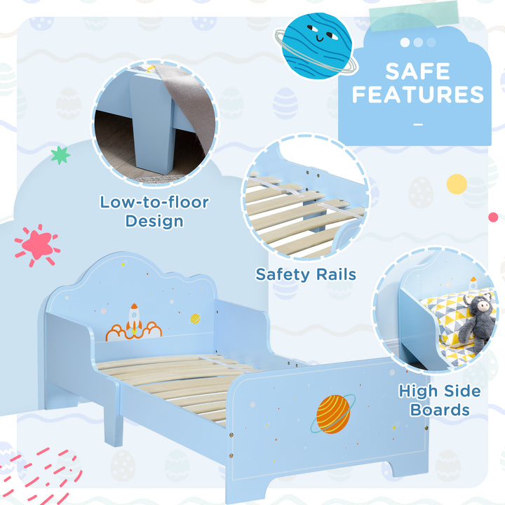 Toddler Bed Kids Bedroom Furniture with Rocket & Plants Patterns Safety Side Rails Slats, Blue