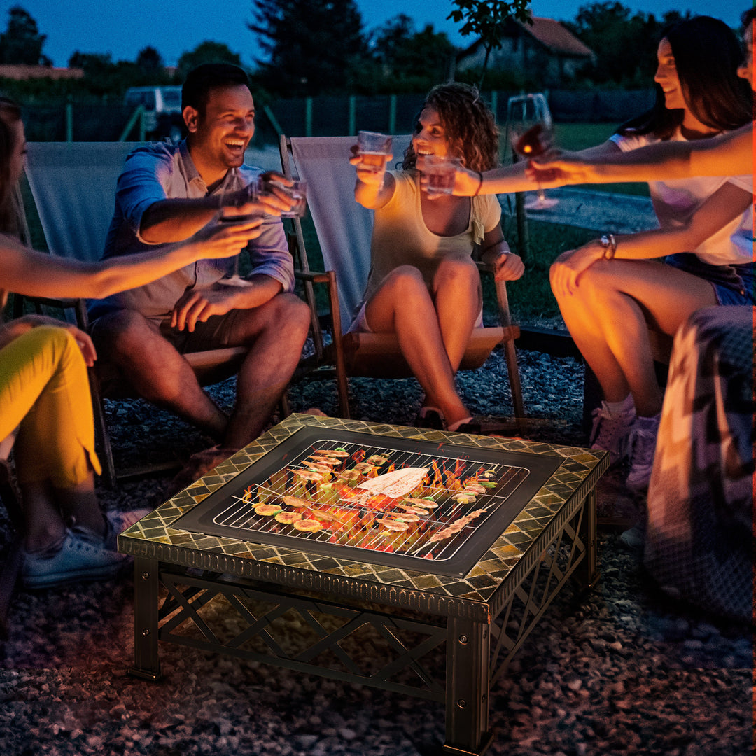 Outsunny 3 in 1 Square Fire Pit Square Table Metal Brazier for Garden, Patio with BBQ Grill Shelf, Spark Screen Cover, Grate, Poker, 76 x 76 x 47cm