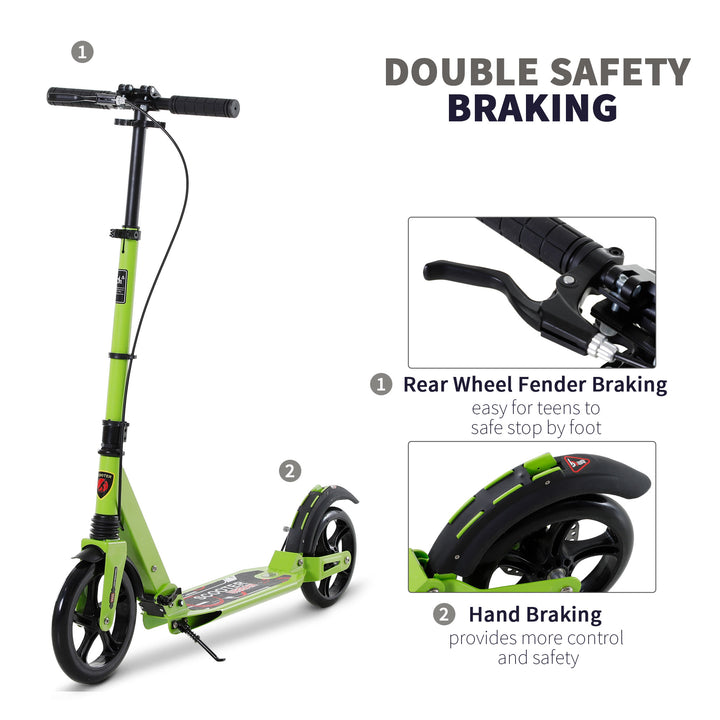 Teens Adult Kick Scooter Foldable Adjustable Aluminum Ride On Toy For 14+ w/ Dual Brake System, Shock Mitigation System - Green 95.5-110.5H CM