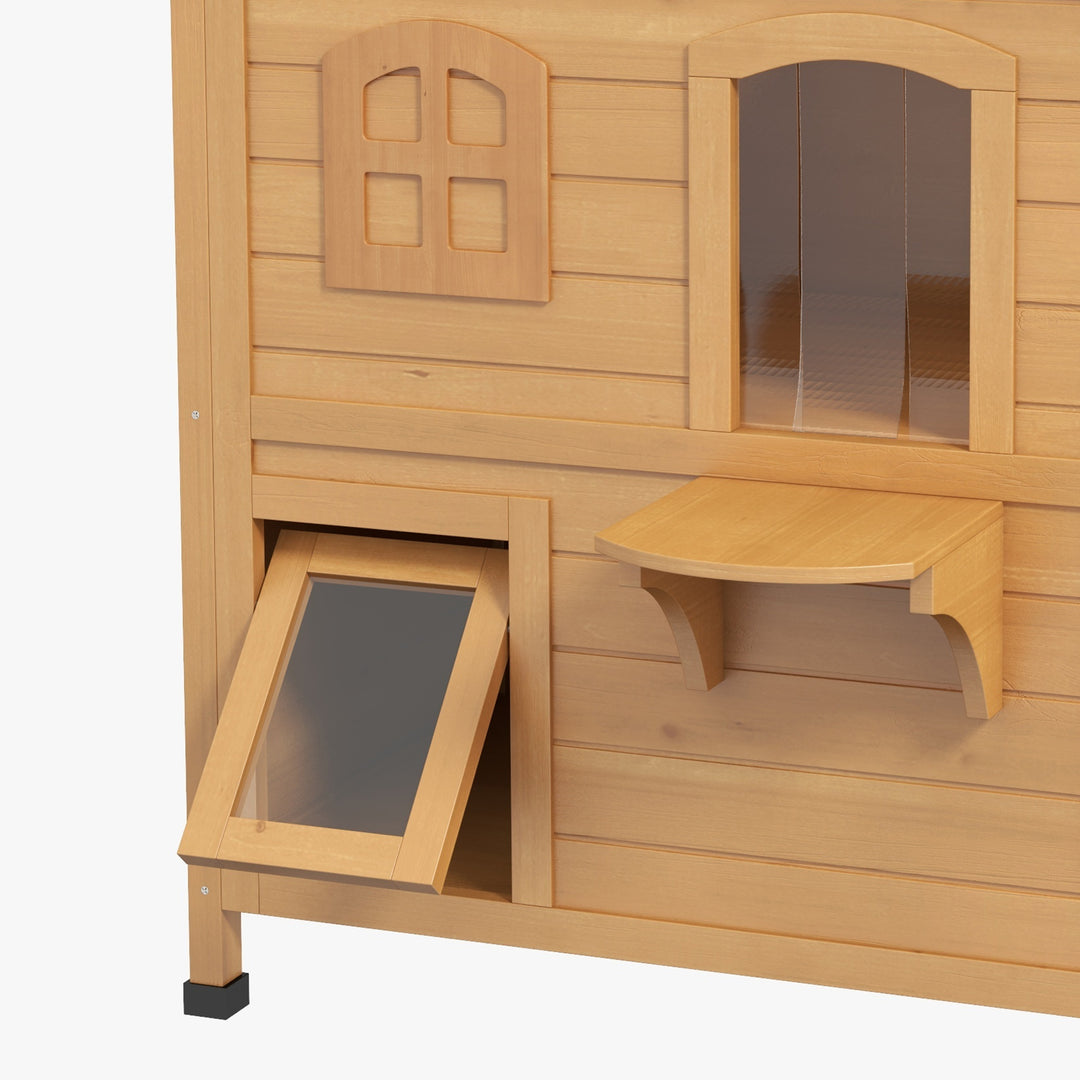 Wooden Cat House Condos Cat Cave Pet Shelter 2 Floor Villa Outdoor Furniture Natural Wood Finish