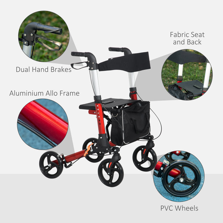Folding Rollator Walker with Seat & Backrest, Lightweight Walking Frame w/ Adjustable Handle Height, 4 Wheeled Walker for Seniors, Handicapped, Red