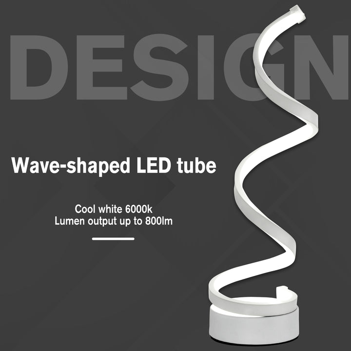 Modern Wave-Shaped LED Table Lamp with Round Metal Base, White