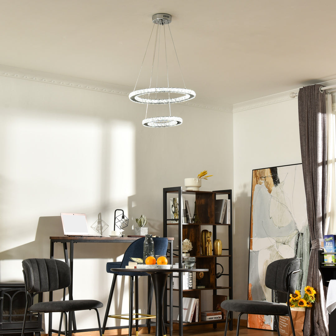 Modern LED Chandelier with 2 Crystal Rings, Dimmable Pendent Ceiling Light Cool Warm White with Adjustable Cable Remote Controller, Silver