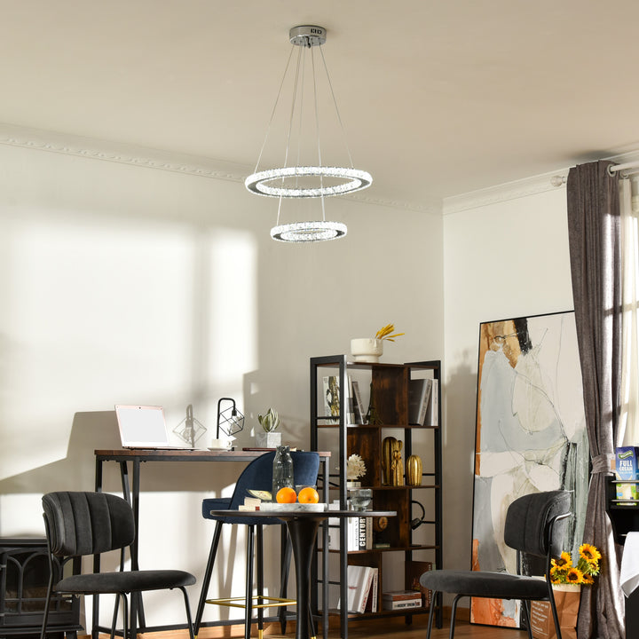 Modern LED Chandelier with 2 Crystal Rings, Dimmable Pendent Ceiling Light Cool Warm White with Adjustable Cable Remote Controller, Silver