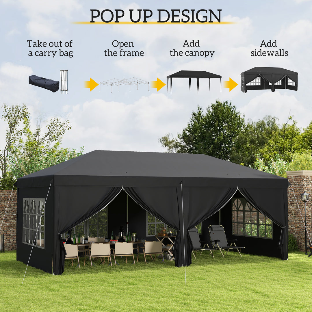 Outsunny 3 x 6 m Pop Up Gazebo with Sides and Windows, Height Adjustable Party Tent with Storage Bag for Garden, Camping, Event, Black